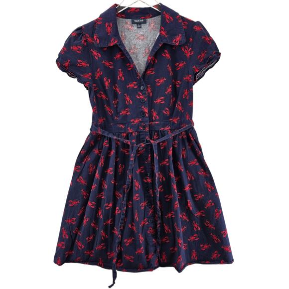 Modcloth Mini Shirt Dress Womens Large Medium Lobsters Navy Blue Red Coastal - Picture 3 of 9
